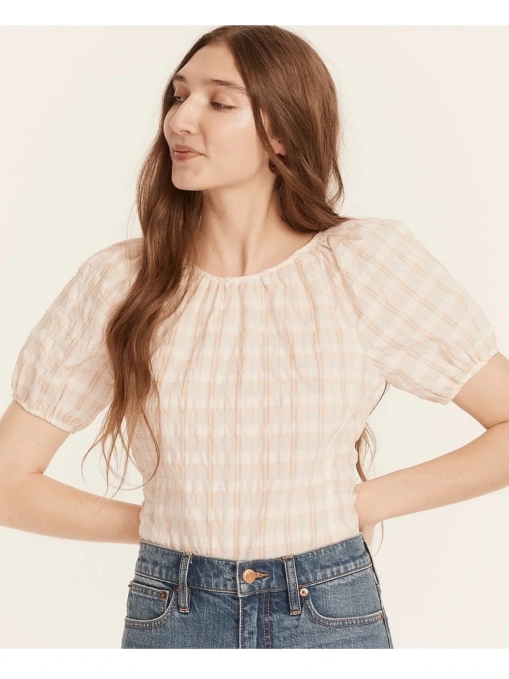 J. Crew Puff Sleeve Top Textured Plaid Beige 16